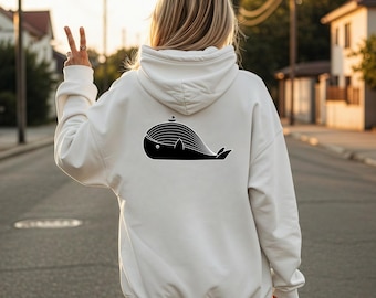 Whale Hoodie: Coastal Line Art, Oversized Beachwear ocean pullover Marine Life Shirt whale Hoodie Y2K aesthetic sweatshirt Biolologist gift