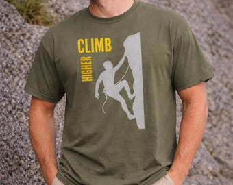 Climb Higher Rock Climbing T-Shirt – 100% Cotton Climber Graphic Tee for Outdoor & Bouldering Lovers