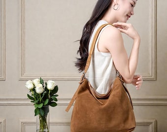 Soft Suede Hobo • Brown Shoulder Purse • Minimalist Everyday Tote