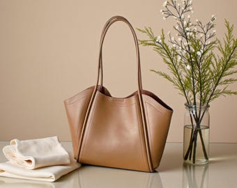 Bolso de mano de piel auténtica para mujer, bolso de hombro grande para el trabajo, bolso minimalista.