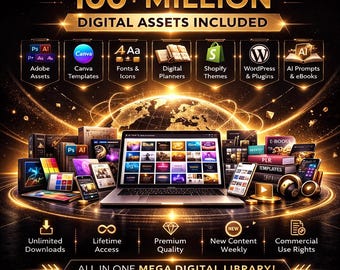 Może przedstawiać: Obraz promocyjny z tekstem "100+ MILLION DIGITAL ASSETS INCLUDED". Obraz przedstawia laptopa, smartfony i książki z ikonami dla Adobe Assets, Canva Templates, Fonts & Icons, Digital Planners, Shopify Themes, WordPress & Plugins i AI Prompts & eBooks.