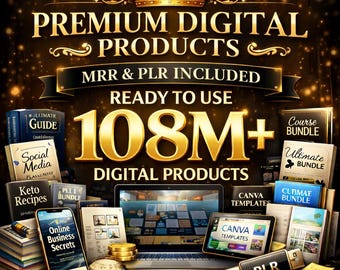 Pakiet ponad 108 produktów cyfrowych: komunikaty MRR PLR AI, szablony Canva (do pobrania w wersji cyfrowej)