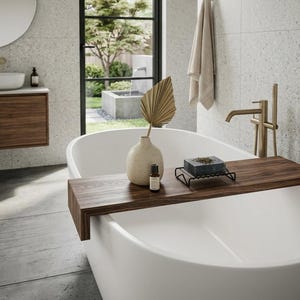 Peut inclure: Une salle de bain moderne avec une baignoire blanche, un plateau de bain en bois et un robinet doré. Un vase avec une feuille de palmier séchée et une petite bouteille sont sur le plateau. Une serviette est accrochée au mur, et une fenêtre donne sur un jardin.