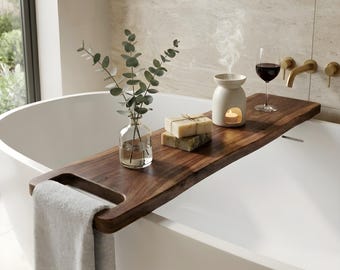 Live Edge Wooden Bathtub Tray, Solid Wood Bath Caddy in Walnut Oak or Ash, Rustic Tub Shelf for Drinks, Spa Bathroom Decor