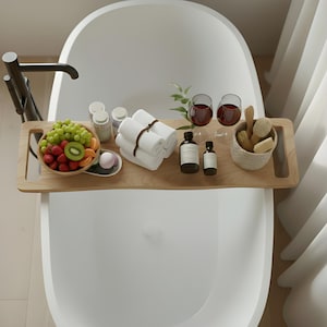 May include: A light wooden bathtub tray holds a bowl of fruit, rolled white towels, two glasses of red wine, and small bottles. A white bathtub is in the foreground, with a faucet on the left and white curtains on the right.