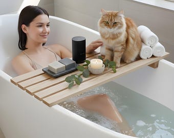 Wooden Bathtub Tray - 5 Slat Spa Bathroom Tub Shelf, Solid Wood Bath Caddy