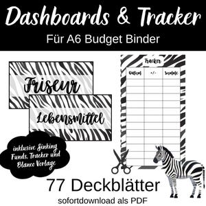 Könnte beinhalten: Digitaler Download mit Budget-Binder-Dashboards und Trackern. Das Design umfasst Zebra-Print-Akzente, Etiketten für "Friseur" und "Lebensmittel" sowie eine Tracker-Vorlage. Das Bild enthält auch eine Zebra-Illustration und den Text "77 Deckblätter".