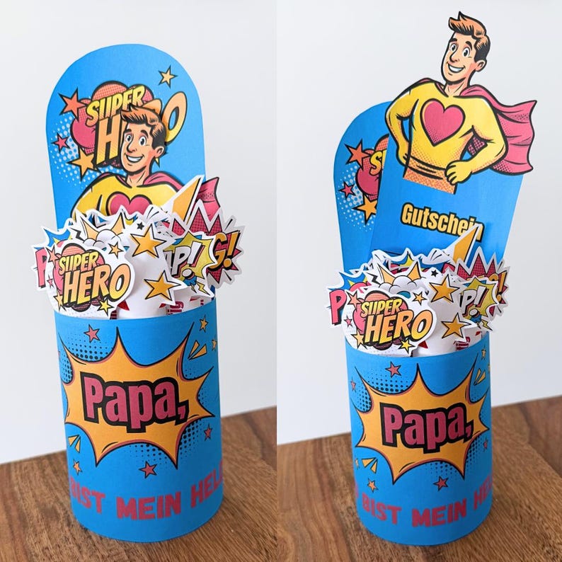 Vatertagsgeschenk Papa Box mit Gutschein Karte und süßen Überraschungen im Superhelden Stil