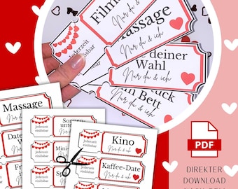 May include: A collection of red and white coupon-style gift tags with heart and decorative border designs. The tags feature German text such as "Kino" and "10 Küsse". A PDF icon is visible, indicating a digital download.
