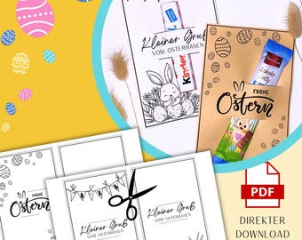 May include: Easter-themed printable cards with the text "Frohe Ostern" and "Kleiner Gruß vom Osterhasen". The cards feature Easter bunny illustrations, decorative eggs, and space for treats. A PDF icon indicates a digital download.