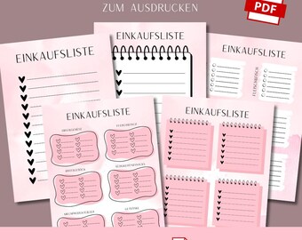 May include: Pink printable shopping list templates with the German text "EINKAUFSLISTE" and "ZUM AUSDRUCKEN". The templates include various designs, such as checklists, notepads, and sections for different grocery categories. The image also includes a PDF icon and text indicating A4 and A5 sizes.