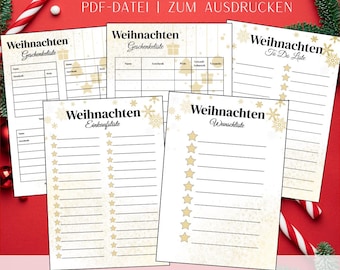 May include: A collection of printable Christmas planning sheets. The sheets include gift lists, to-do lists, and wish lists. The text on the sheets is in German, with gold star and snowflake accents. The background is a gradient of white to light gold.