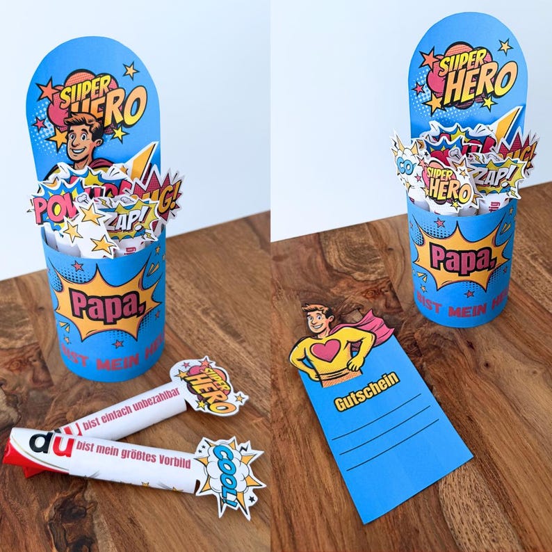 Geschenkset für Papa im Comic Superheld Design, DIY Geschenkbox mit liebevollen Botschaften