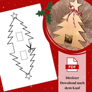 May include: A Christmas tree-shaped gift box made of brown cardboard, tied with red and white twine. A black and white line drawing of a Christmas tree with scissors is on a white background. The image also includes a PDF icon and text.