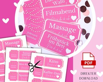 May include: Pink gift tags with various activity suggestions like "Massage" and "Movie Night" in German. The tags have a decorative border and heart accents. A PDF icon is visible.