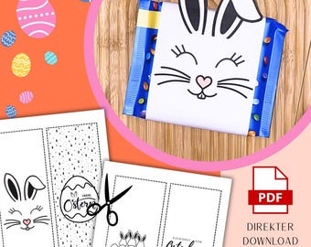 May include: A white candy bar wrapper decorated with a bunny face, with black whiskers, eyelashes, and ears, and a pink heart nose. The image also includes Easter-themed printables and a PDF icon.