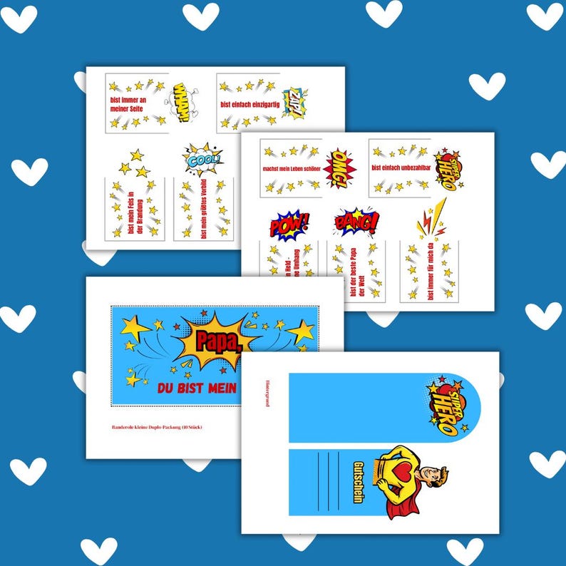 May include: A collection of printed cards with superhero and comic book themes. The cards feature phrases like "Papa, you are my hero" and "Super Hero." The color scheme includes blue, yellow, and red, with star and explosion graphics.