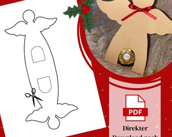 May include: A Christmas-themed image featuring a paper angel with a red ribbon and a chocolate candy. A PDF icon with text "Direkter Download nach dem Kauf" is also visible. A paper angel template with scissors is on the left.