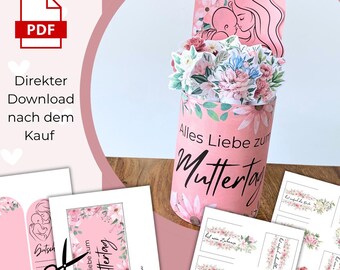 May include: A pink floral Mother's Day gift container with the text "Alles Liebe zum Muttertag". The container is filled with paper flowers. Additional pink floral cards and a PDF download icon are also visible.