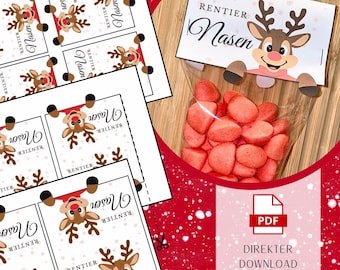 May include: A festive image featuring printable labels and a treat bag. The labels have a reindeer graphic and the text "RENTIER Nasen". The treat bag contains red candies, and the image includes a PDF download icon.