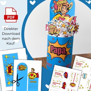 Superheld Papa Geschenkbox mit personalisiertem Namen, Vatertag Geschenkidee mit Gutscheinen und Süßigkeiten