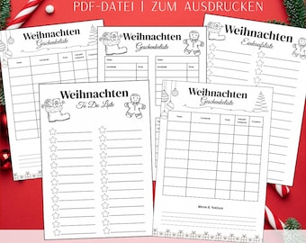 May include: A collection of printable Christmas planning sheets in black and white. The sheets include gift lists, to-do lists, and shopping lists. The text on the sheets is in German. The image also includes candy canes and Christmas tree branches.