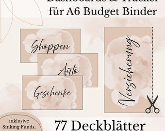 May include: A collection of printable budget binder dashboards and trackers in a neutral color palette. The image includes labels for "Shopping", "Car", "Gifts", and "Insurance", along with the text "77 Cover Sheets" and "Instant Download as PDF".