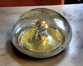 Vintage Glassworks Limburg | Ceiling UFO Lamp | slide. 30 cm 11.81" | lightly tinted glass dome & gold plated metal | 1970s Germany Space Age