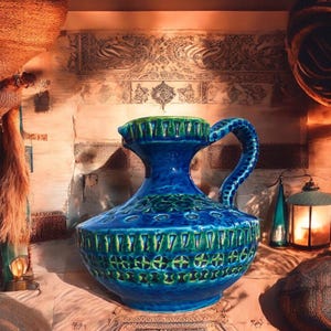 May include: A blue and green ceramic pitcher with a curved handle. The pitcher has a textured surface with geometric patterns and a wide opening. The rim and handle are a darker blue, while the body features green accents. A decorative piece.