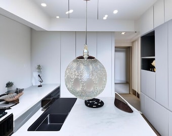 Mid Century Glass Ball Pendant Light by Richard Essig – 1970s German Space Age Crystal Glass & Chrome Globe Lamp vintage – 11.8” Diameter