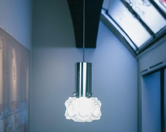 Herbert Proft | Glashütte Limburg Ice Glass Pendant Light | Germany 1970s Mid Century Modern Vintage Chrome Lighting