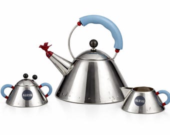 Alessi 9093 Kettle Set | Michael Graves Tea Kettle | Red Bird Whistle | 9097 Sugar Bowl & 9096 Creamer | Postmodern Italian Design Icon
