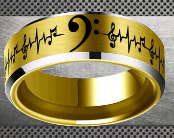 Anillo de boda con cuerdas de bajo, anillo de boda con canción, anillo de boda musical, anillo de tungsteno, anillos de boda para hombre, anillo de hombre personalizado, anillo de guitarra martillado