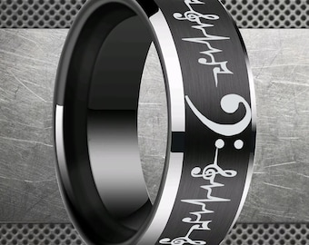 Anillo de boda con cuerdas de bajo, anillo de boda con canción, anillo de boda musical, anillo de tungsteno, anillos de boda para hombre, anillo de hombre personalizado, anillo de guitarra martillado