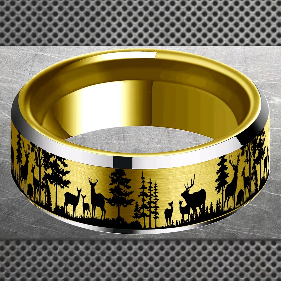 Deer Forest Ring, Stag and Doe Wedding Band, Wilderness Couple Spinning ...