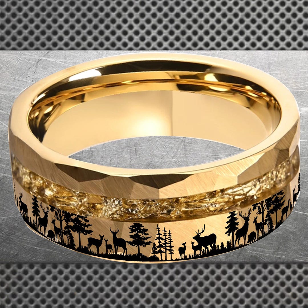 Deer Forest Ring, Stag and Doe Wedding Band, Wilderness Couple Spinning ...