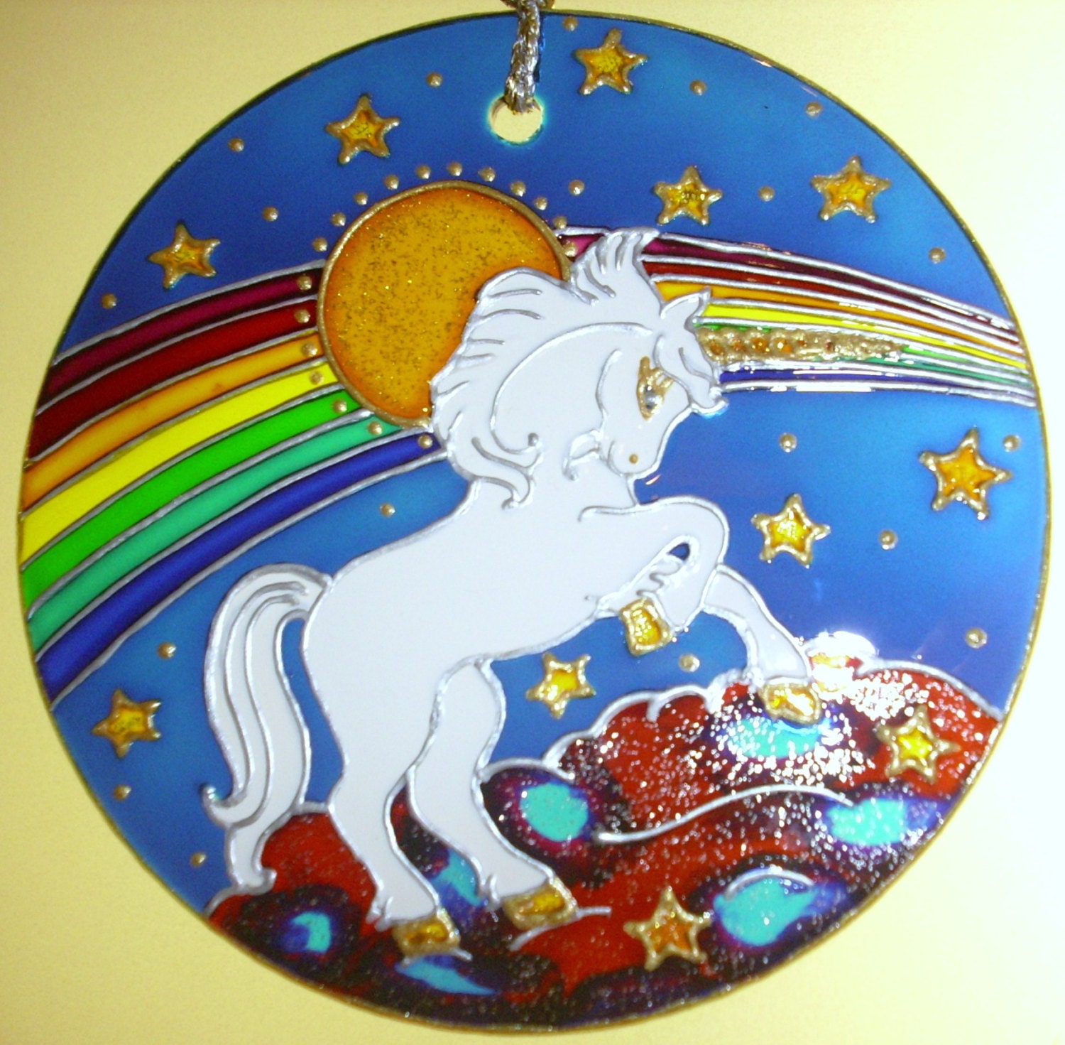 Rainbow Unicorn Stained Glass Handpainted Window Ornament Etsy