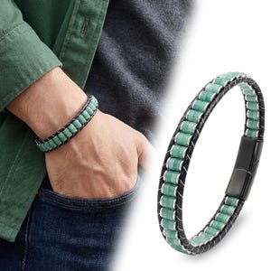 Green Aventurine Hematite Bracelet, Men's Leather Bracelet, Stainless Steel Natural Stone Jewelry