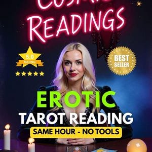 May include: An advertisement for "Cosmic Readings" featuring a woman with blonde hair. The text includes "Erotic Tarot Reading" and "Same Hour - No Tools." The image has a neon sign effect and includes a "Best Seller" badge and a 5-star rating.