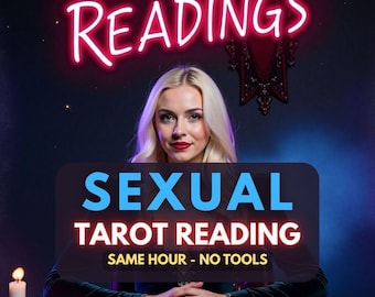 May include: An image promoting "Cosmic Readings" with a woman and tarot cards. The text "Sexual Tarot Reading" is displayed prominently. The image includes candles, a glowing orb, and neon signage.