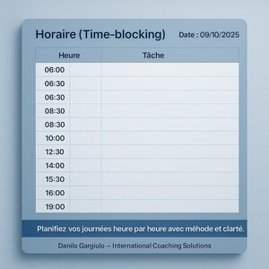 Peut inclure: Un planificateur de time-blocking bleu et blanc intitulé "Horaire (Time-blocking)" avec la date du 09/10/2025. Il comprend des colonnes pour "Heure" (Heure) et "Tâche" (Tâche), avec des créneaux horaires de 06h00 à 19h00. Le bas du planificateur contient le texte "Planifiez vos journées heure par heure avec méthode et clarté." et le nom Danilo Gargiulo.