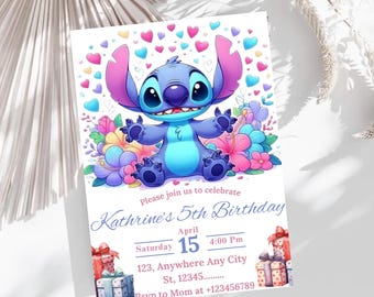 Convite de Aniversário do Stitch: Festa Kawaii Lilo & Stitch (Download Digital, Modelo Editável 5 x 7 polegadas)