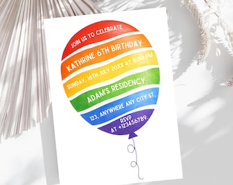 Convite de aniversário com balões arco-íris, festa colorida, modelo faça você mesmo no Canva (download digital)