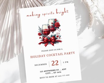 Holiday Cocktail Party Invitation, Festive Wine Design (Template Canva)