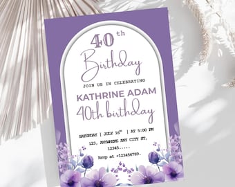 Invitación floral morada para 40 cumpleaños, plantilla editable (PDF de 12,7 x 18,8 cm)