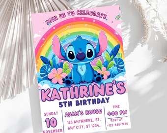 Convite de aniversário do Stitch, convite editável para festa na piscina (Canva Edit)
