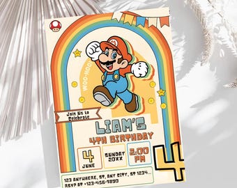Convite de aniversário do Super Mario, para qualquer idade, para meninos e meninas, convite do jogo Mario Bros, modelo imprimível 5x7 (Canva Template)