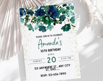 Convite de Aniversário Floral Verde | Modelo Editável para Festa Botânica em Tons de Sálvia | Convite Imprimível no Canva | Download Instantâneo