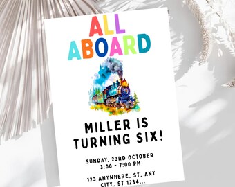 Train Birthday Invitation,All Aboard Train Express Invite,Vintage Train Birthday Party,Train Invitation,Instant Download,Editable,Canva