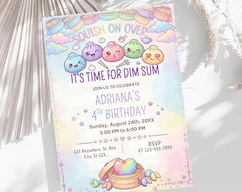 Plantilla editable de invitación de cumpleaños con diseño de empanadillas blanditas, invitación de cumpleaños imprimible con purpurina, invitación personalizada "Squish On Over", digital